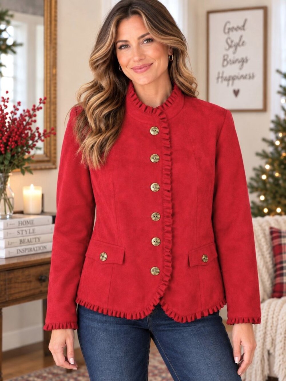 Dressbarn Red Faux Suede Ruffle Jacket Button Front Victorian Womens L NWT